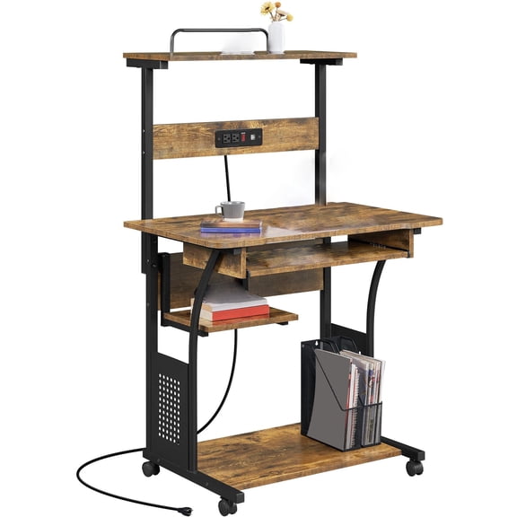 3 Tiers Rolling Computer Desk on Wheels with Charging Station, Mobile Home Office Desk with Keyboard Tray and Power Outlet for PC Laptop Workstation for Home Studying, Brown