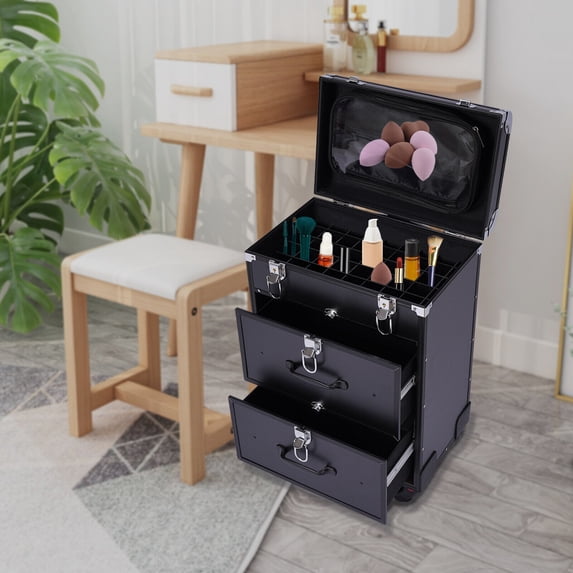 3 Tiers Rolling Makeup Train Case Cosmetic Trolley Travel Storage Organizer Box Black