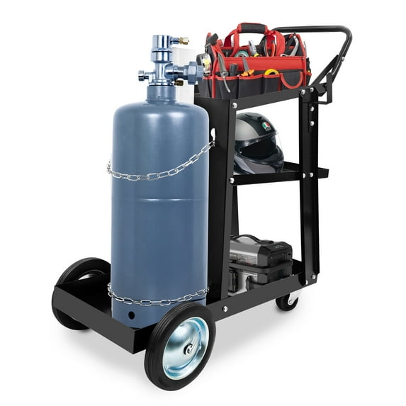 3 Tiers Rolling Welding Cart ,360° Rolling Welding Trolley with Swivel Wheels and Tank Storage for Welder and Plasma Cutter Black