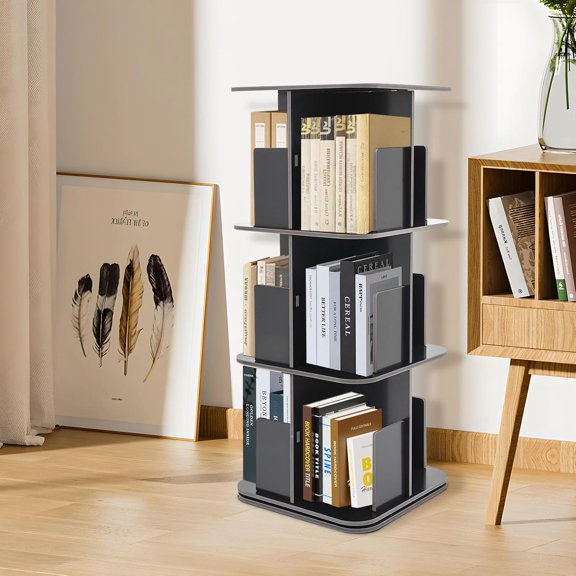 3 Tiers Rotating Bookshelf, 360 Revolving Bookcase Freestanding Display Spinning Book Shelf Stackable Shelves Tower Modern Bookshelves Organizer Black for Living Room