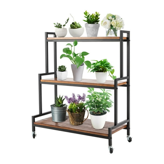 3-Tiers Rustic Plant Stand Rolling Plant Shelf Indoor Outdoor, Metal Floor Mounted Plant Rack