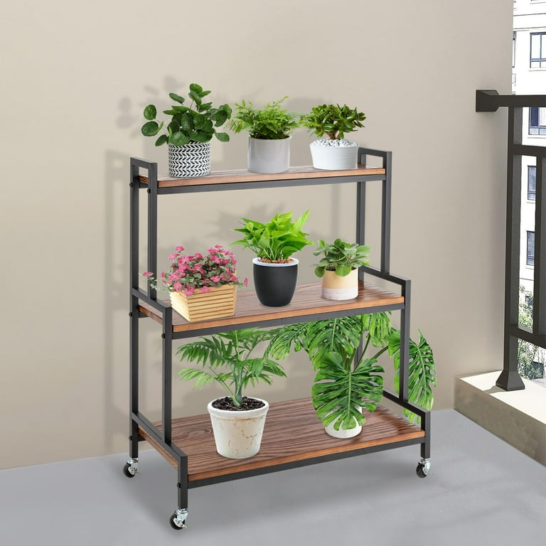 3 Tiers Rustic Plant Stand with Wheels, Rolling Plant Shelves Rack