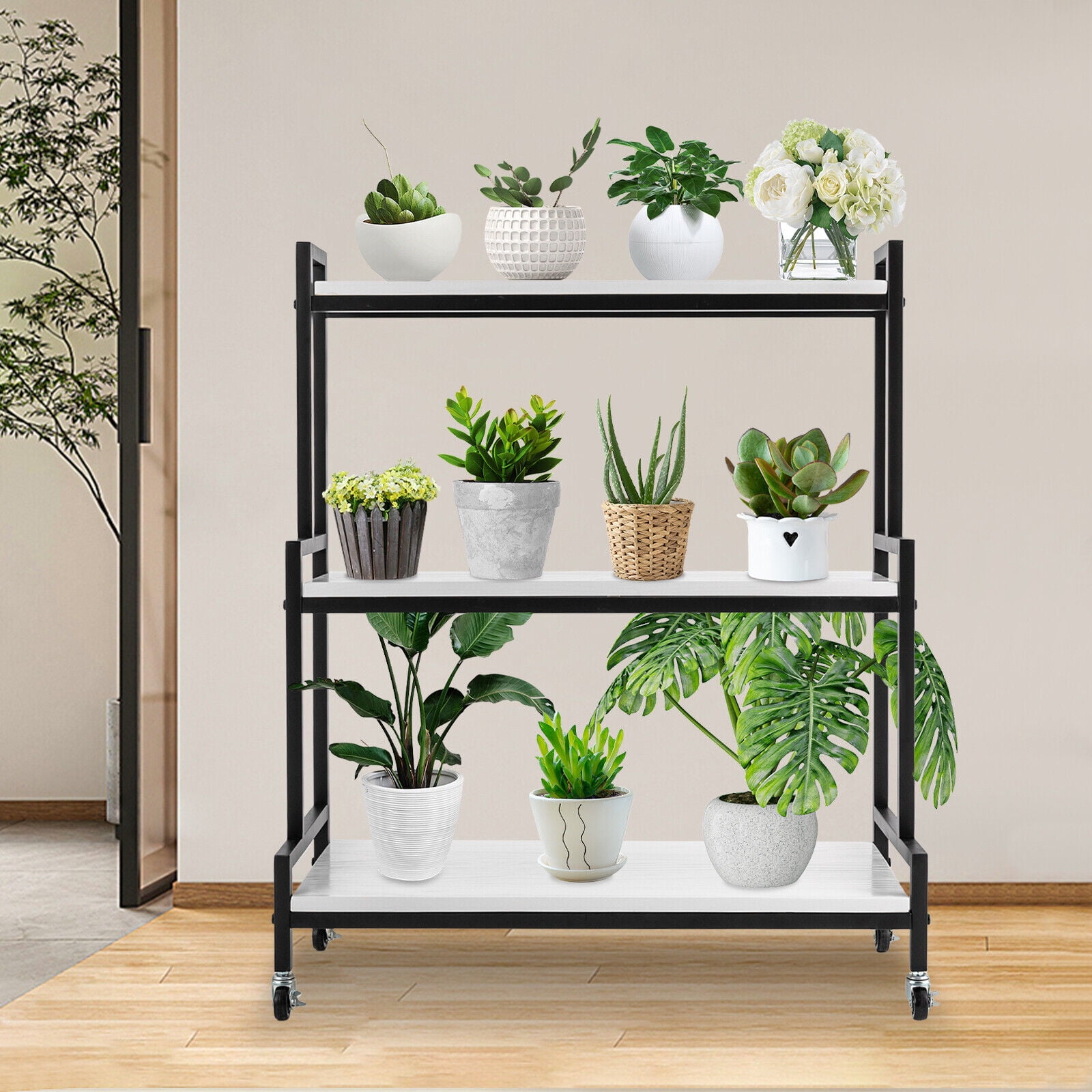 3 Tiers Rustic Plant Stand with Wheels, Rolling Plant Shelves Rack