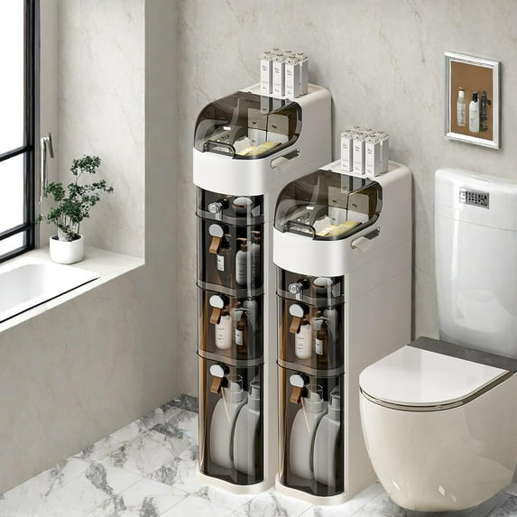 3-Tiers Slim Bathroom Storage Cabinet, Narrow Storage Cabinet with Drawers, Plastic Waterproof Bathroom Organizer for Small Spaces, Kitchen, Laundry, Living Room