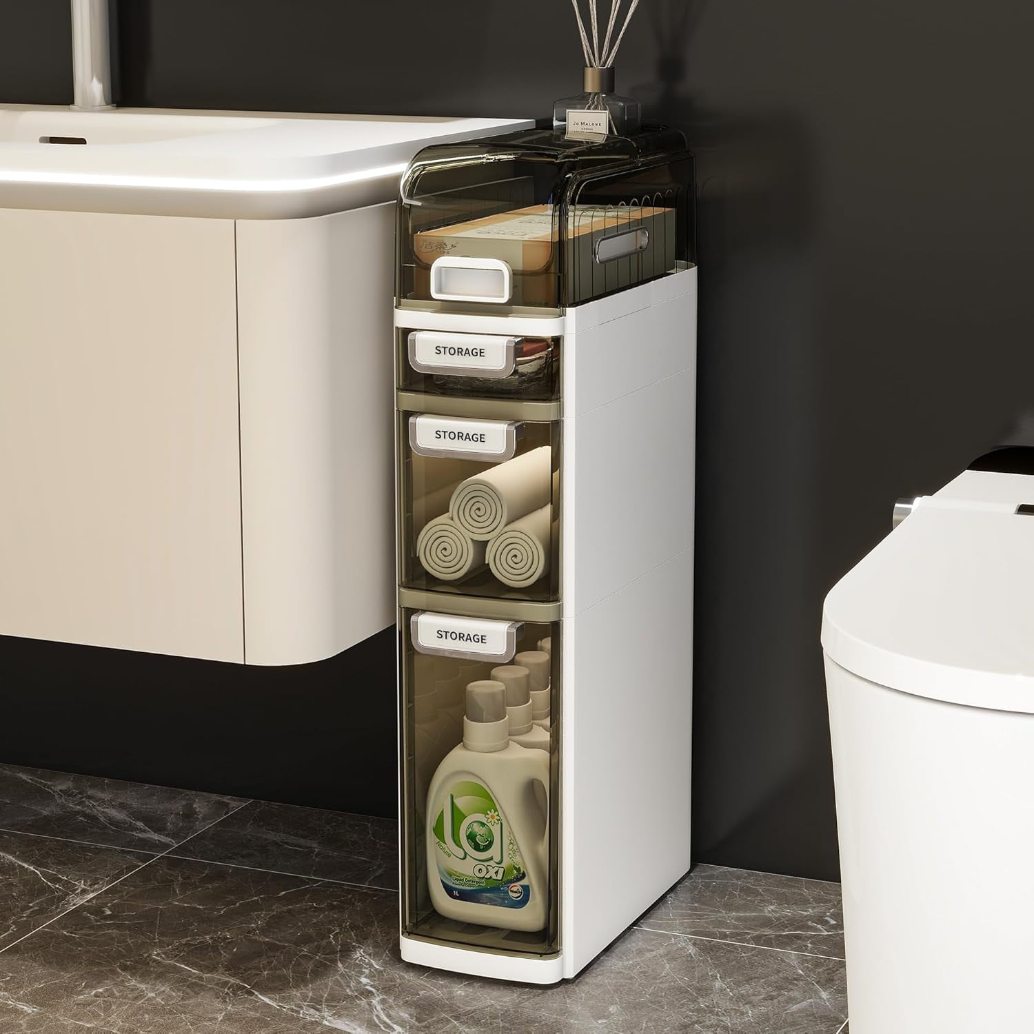 3-Tiers Slim Bathroom Toilet Storage Cabinet Organizer with Drawers ...