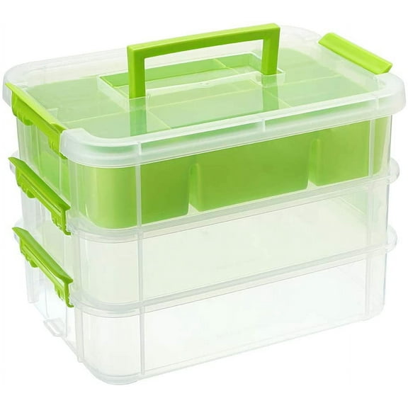 3-Tiers Stack Carry Storage Box With Divided Tray, Transparent Stackable Storage Bin With Handle Lid Latching Storage Container for School & Office Supplies (Green)