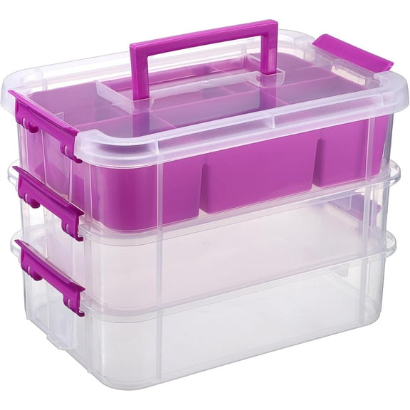 3-Tiers Stack Carry Storage Box With Divided Tray, Transparent Stackable Storage Bin With Handle Lid Latching Storage Container for School & Office Supplies, Purple