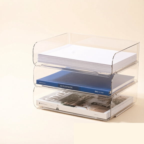 3 Tiers Stackable A4 Paper Trays, Office Desk File Holder, Tidy File Document Letter Book Paper Organizer (3 Tiers, Clear)