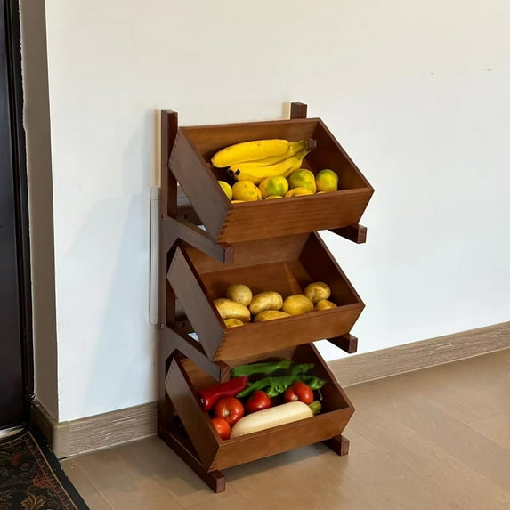 3 Tiers Storage Rack, Rectangle Fruit Basket Stand, Utility Shelf Organizer Brown