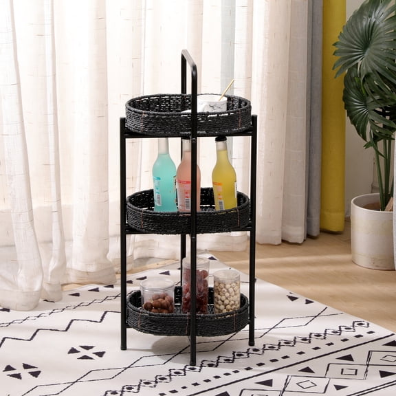 3 Tiers Tray Tables Paper Rope Woven Side Table for Living Room Kitchen Small Oval Storage Basket Shelves (Black)