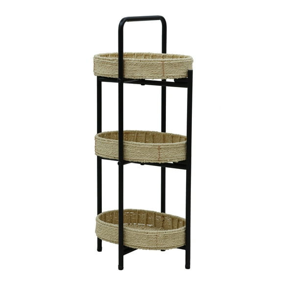 3 Tiers Tray Tables Paper Rope Woven Side Table for Living Room Kitchen Oval Storage Basket Small Shelves (Natural)
