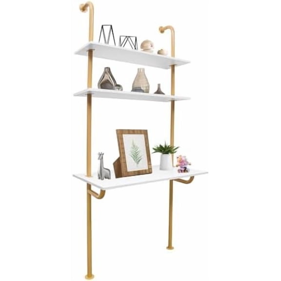 3-Tiers Wall Mount Desk, Wall Mount Computer Writing Table with Power Strip Industrial Desk Modern Wall Table for Homes Offices Entrances Student Dormitories 362081Inch GoldWhite