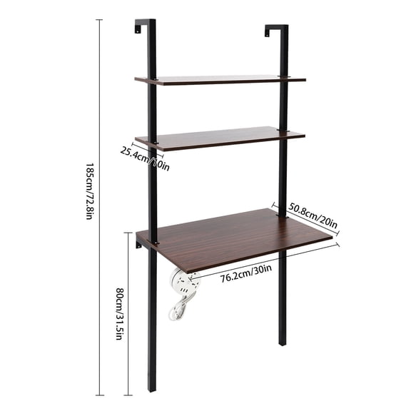 3 Tiers Wall Mount Writing Table Space-Saving Desk with Storage Bookshelf Floating Shelf