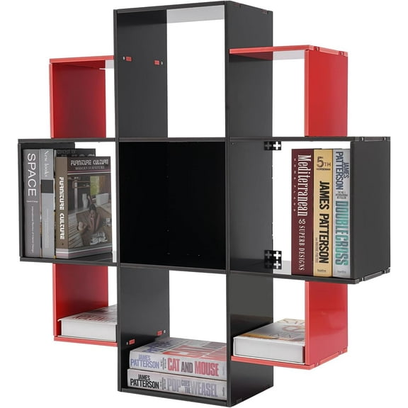 3 Tiers Wall Shelf w/9 Compartments, 35.43in Long Floating Shelf for Wall Multi-Grid Wall Mounted Bookcase up to 66.1lbs, Unique Bookshelf Storage Shelves for Bedroom (Black+Red)