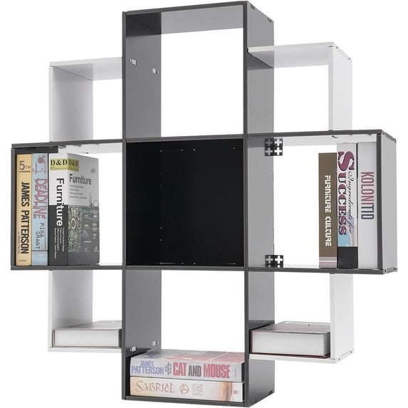 3 Tiers Wall Shelf w/9 Compartments, 35.43in Long Floating Shelf for Wall Multi-Grid Wall Mounted Bookcase up to 66.1lbs, Unique Bookshelf Storage Shelves for Bedroom (Black+White)