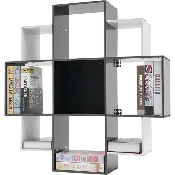 3 Tiers Wall Shelf w/9 Compartments, 35.43in Long Floating Shelf for Wall Multi-Grid Wall Mounted Bookcase up to 66.1lbs, Unique Bookshelf Storage Shelves for Bedroom (Black+White)