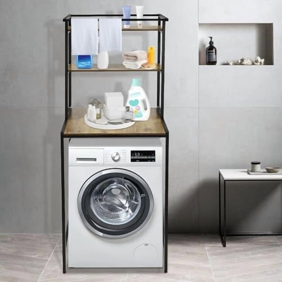 3 Tiers Washer Dryer Stacking Rack Stand, Heavy Duty Over Washer&Dryer Shelves with Adjustable Shelf, Space Saver Stackable Storage Shelf for Laundry Room ( Black Oak) 27.16*23.62*69.48in