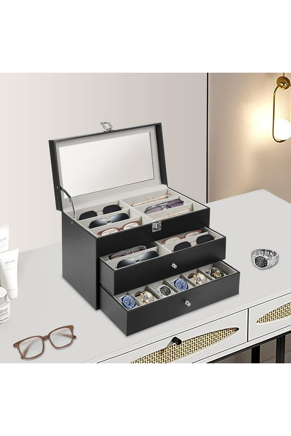 3 Tiers Watch Box & Glasses Display Box, Watch and Glasses Storage Case, Watch Holder, Jewelry Box, Glasses Eyeglasses Case