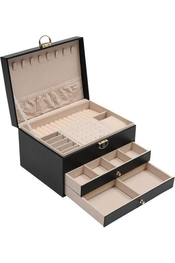 3 Tiers Watch Box,Lockable Watch Case,Watch Display Case with 2 Drawers for Rings,Bracelet Black,Velvet Lining,Jewelry Box for Men Women,Jewelry Organizer Watch Holder