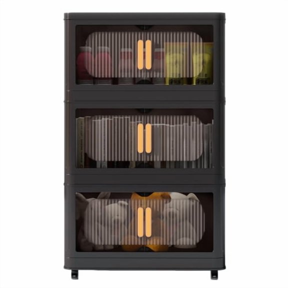 3 Tiers Wide Folding Storage Cabinet ,19.69"×11.81"×31.10",Collapsible Storage Bins with Magnetic Door, Plastic Storage Cabinet with Wheels,Black