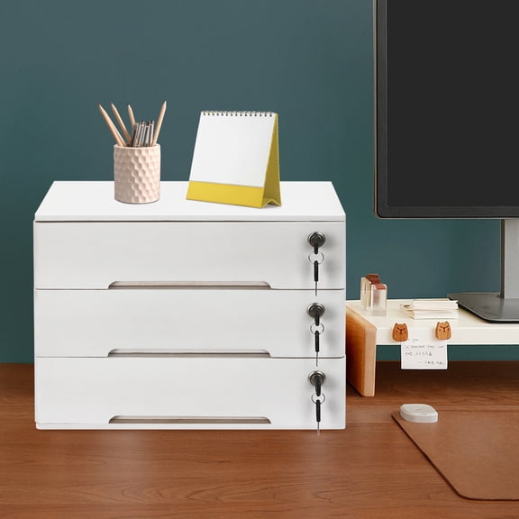 3 Tiers Wooden Desktop Storage Box with Lockable Drawers, Office Supplies File Organizer, Flat File Cabinet