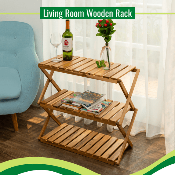 3 Tiers Wooden Plants Stand, Foldable Shoe Rack Multipurpose Shelf, Perfect Idea for Living Room, Hallway, Bathroom