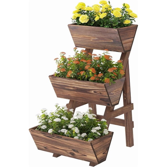 3-Tiers Wooden Raised Garden Bed Tiered Planter Box Flower Pots Vertical Garden Planter Wood Plant Stand Planter Kit for Vegetables Flowers Herbs for Patio Balcony Freestanding (Carbonized S)
