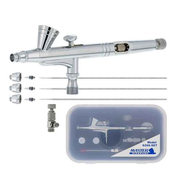 Master Performance G266 Pro Set Master Airbrush with 3 Nozzle Sets (0.2, 0.3 & 0.5mm Needles, Fluid Tips and Air Caps), Cutaway Handle - Dual-Action Gravity Feed Airbrush, 1/16oz Cup - Art Hobby Cake
