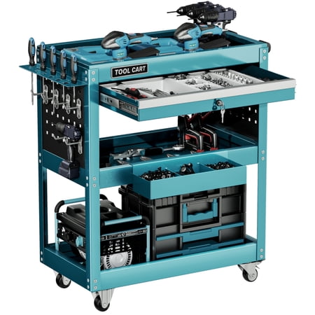 Gewna 3-Tier Metal Rolling Tool Cart, Lockable Drawer, 330 lbs Capacity, Heavy Duty Utility Cart for Garage Blue