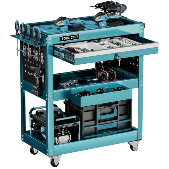 Gewna 3-Tier Metal Rolling Tool Cart, Lockable Drawer, 330 lbs Capacity, Heavy Duty Utility Cart for Garage Blue