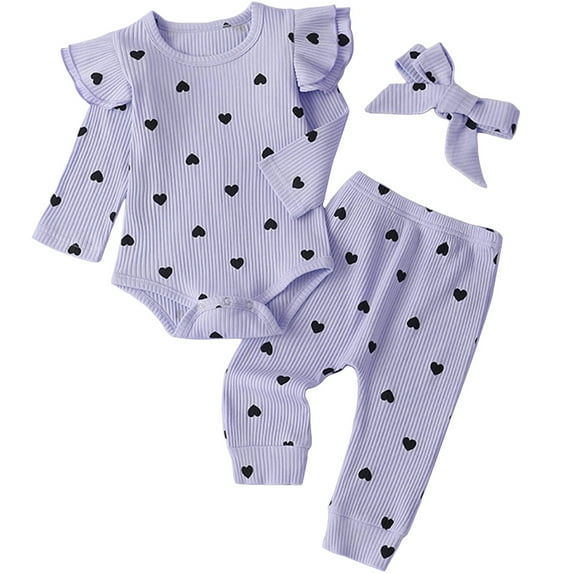 3 To 6 Month Baby Girl Clothes 24 Months Girls Clothes Baby Girl Clothes Set 3pc Rib Frill Long Sleeve Romper and Pant Set Light Purple 0-3 Months
