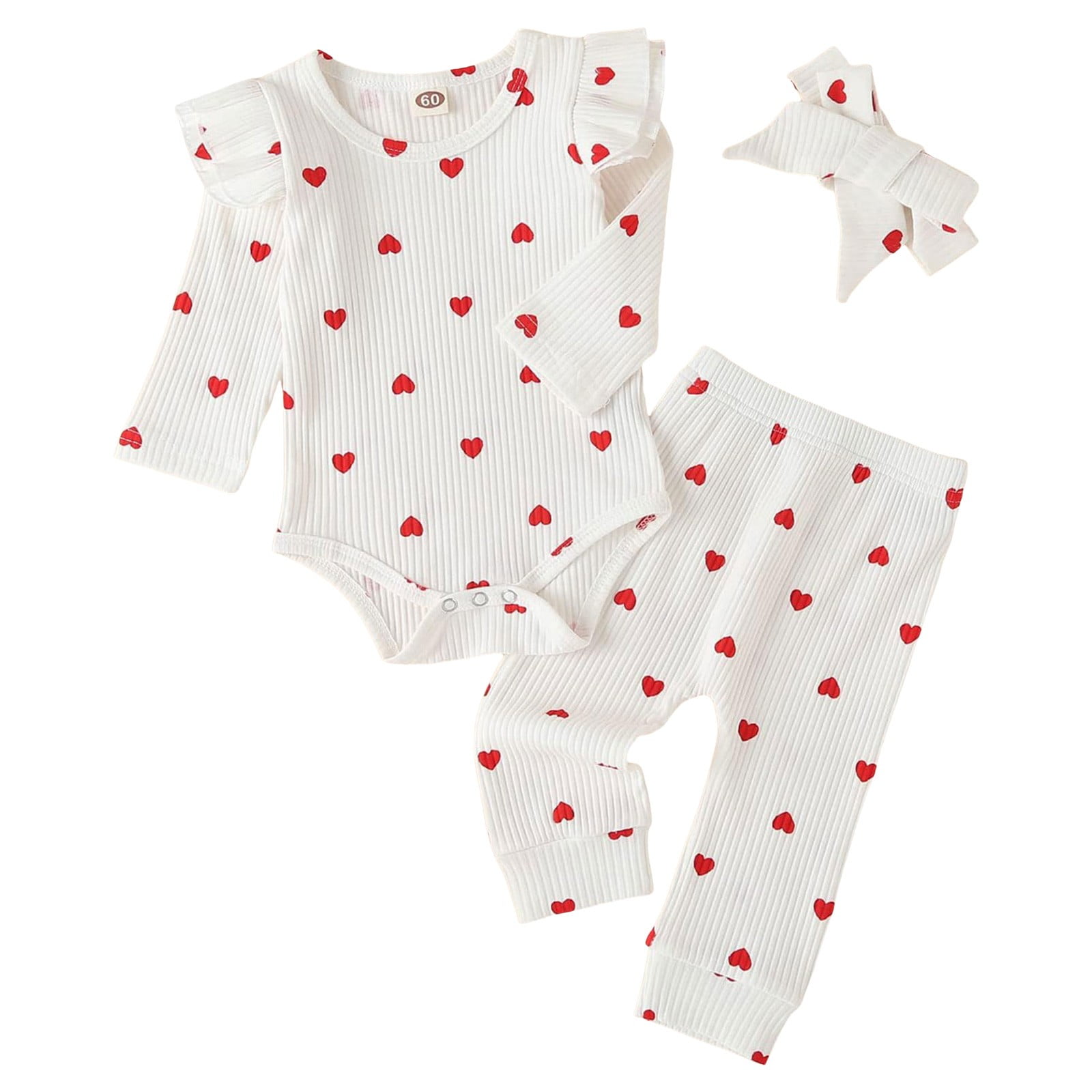 3 To 6 Month Baby Girl Clothes 9 Month Old Girl Clothes Baby Girl's 3pc Rib Frill Long Sleeve Romper and Pant Set White 6-9 Months