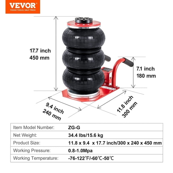 3 Ton (6600 lbs) Triple Bag Air Jack - Fast Lift Pneumatic Car Jack, 17.7 Inch Height, 3-5 Sec Lifting, w/6 Steel Pipes & Side Handles for Garage, Auto Repair, Off-Road (Red)