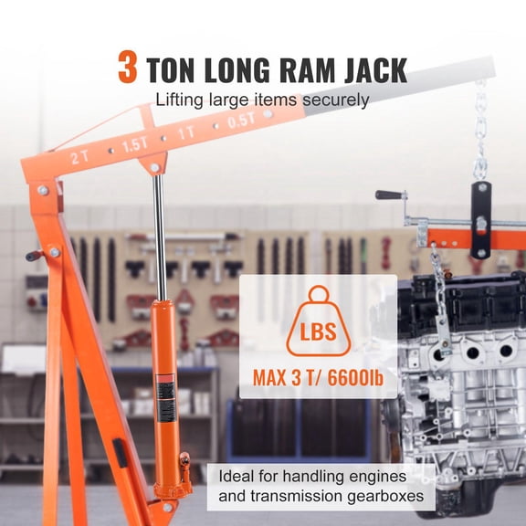 3 Ton Hydraulic Long Ram Jack Single Piston Pump Clevis Base for Engine Hoist Lift Garage Shop Crane Mechanical Farm