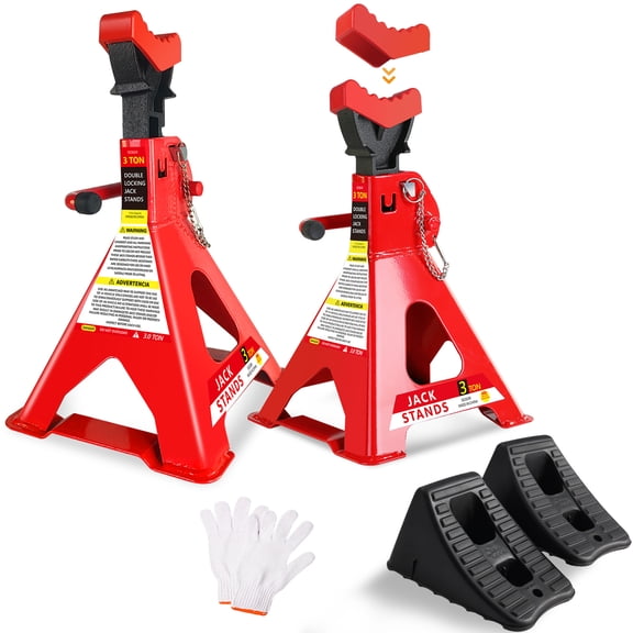 3 Ton Jack Stands with Wheel Chock - Heavy Duty Steel Car Stands, 6,600 LBS Capacity, Double Locking, Adjustable 11-17 Inch for Truck & SUV, 1 Pair, Red