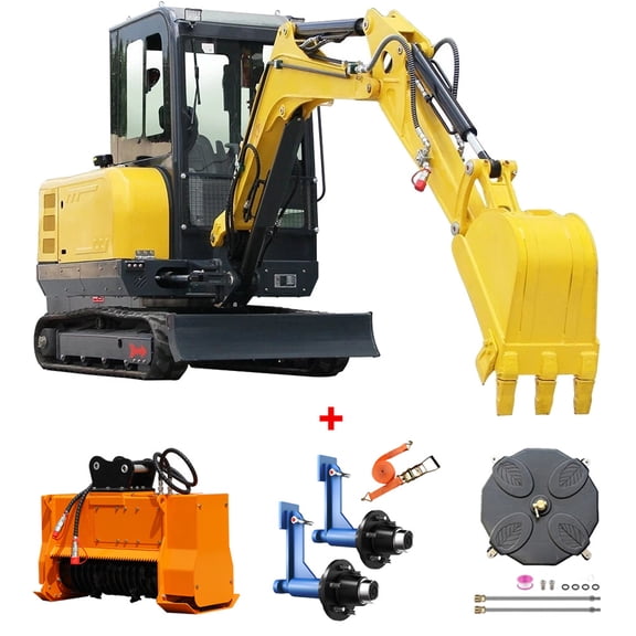 3 Ton Mini Excavator with Flail Mower | Free 18" Surface Cleaner + 1 Pair Container Mover | US Warehouse Free Shipping 1 Year Warranty