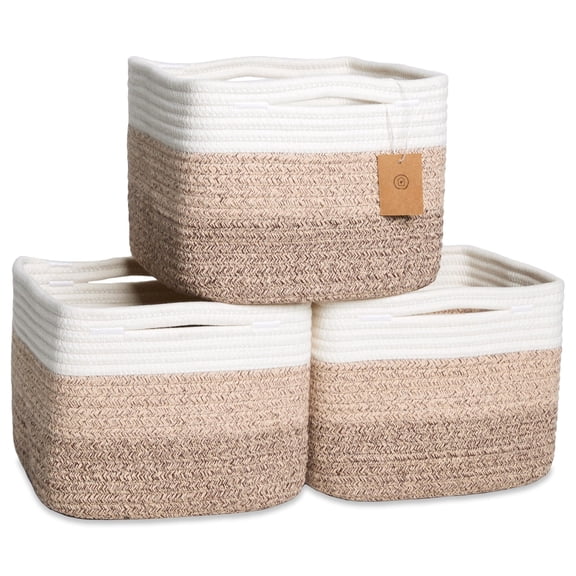 3-Tone Brown Cotton Rope Woven Storage Baskets 3-Pack For Pantry, Closet, Bathroom Organization