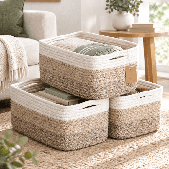 3-Tone Brown Rope Woven Storage Basket, 13.5