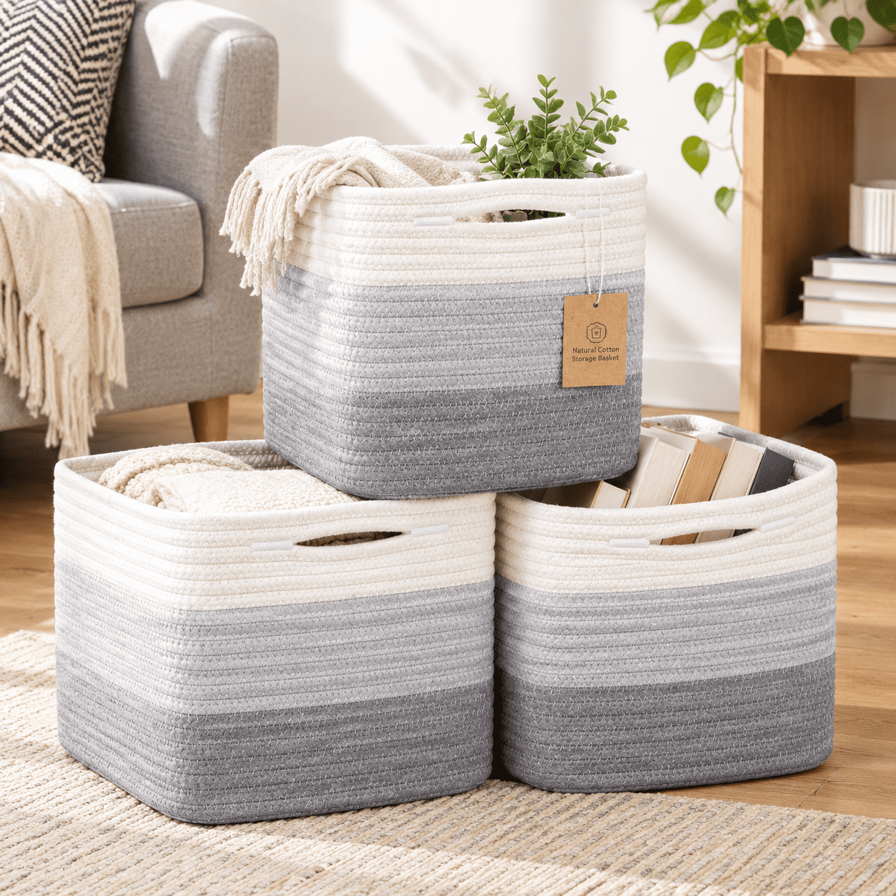 3-Tone Gray Cotton Rope Woven Storage Basket, 8.98 x 8.50 x 5.08 Inches ...