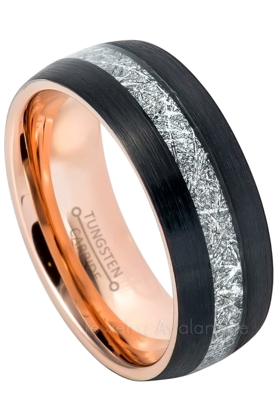 3-Tone Tungsten Carbide Ring with Meteorite Inlay, Black IP with Rose Gold IP Inner Tungsten Wedding Band JATN630Ns12