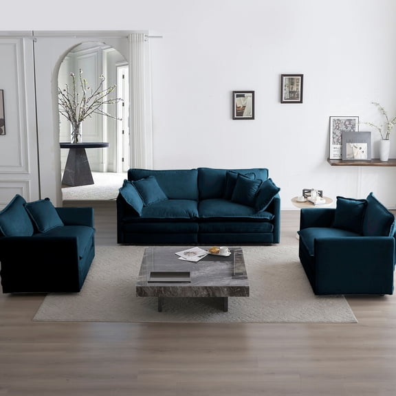 3 With Toss Pillows, Blue Chenille, 2 Arm Chairs & 1 2 , Wood Structure, Breathable Fabric, Sponge, For Living Room Chenille 3 Piece , Comprising Solid Base, Soothing