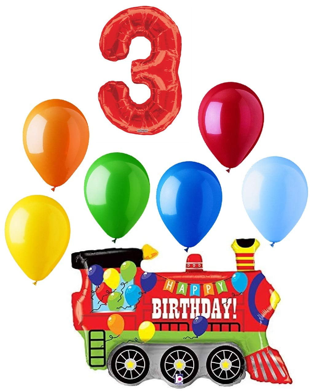 KALEDISCOPE, BETALLIC AND QUALATEX #3 Train Choo Choo 8 Piece Happy 3rd Birthday Mylar and Latex Balloons Set