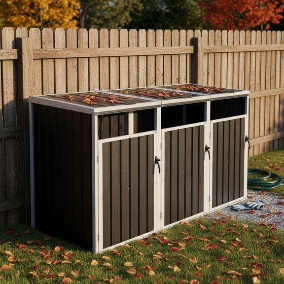 3 Trash Can Metal Storage Shed Outdoor Garbage Bin Shed, Lockable Galvanized Steel Trash Can Storage with Lift Lid & Front Doors, Dark Grey