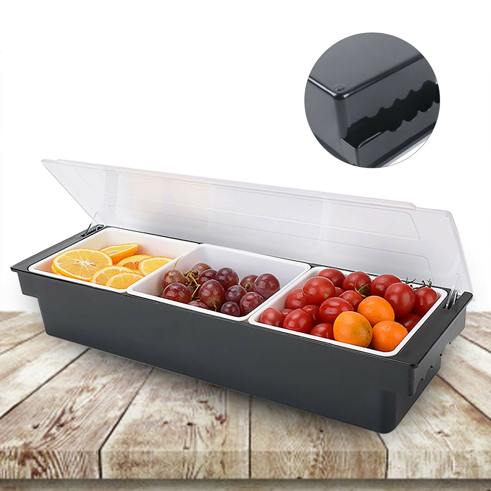 3 Tray Condiment Dispenser Bar Fruit Caddy Food Box w/ Ice Space Black