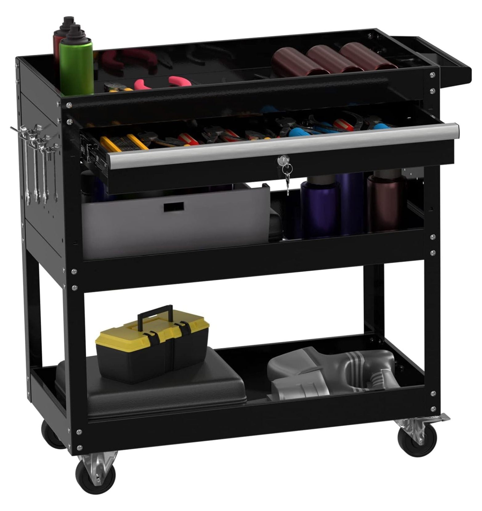 3Tray Rolling Tool Cart,330 LBS Capacity Utility Tool Cart on Wheels