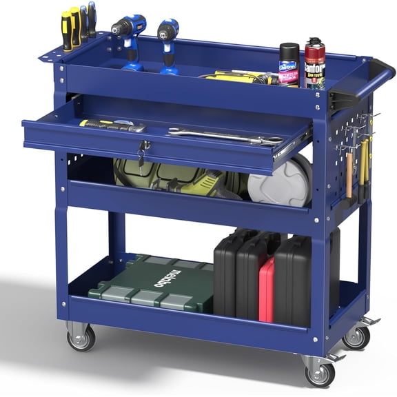 3 Tray Rolling Tool Cart with Drawers, 400 LBS Capacity Mechanic Tool Cart on Wheels, Heavy Duty Utility Cart with Pegboard, Metal Work Cart for Garage and Repair Shop, Blue