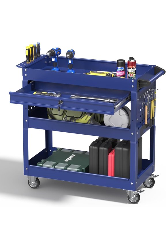 3 Tray Rolling Tool Cart with Drawers, 400 LBS Capacity Mechanic Tool Cart on Wheels, Heavy Duty Utility Cart with Pegboard, Metal Work Cart for Garage and Repair Shop, Blue