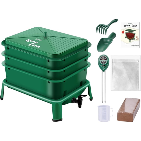 3-Tray Worm Composter 32 Qt Indoor Outdoor Composting Bin with Starter Kit Green
