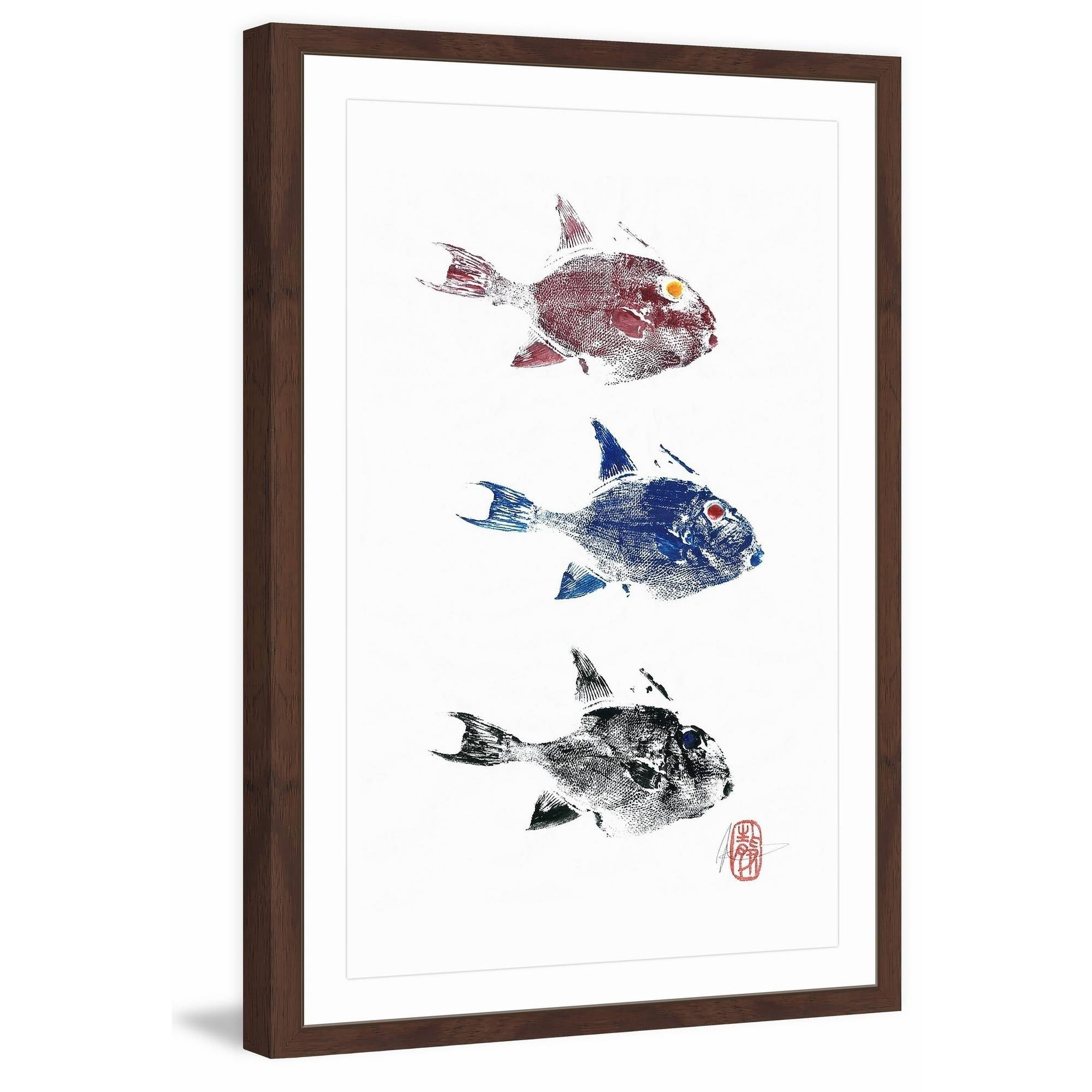Multicolor Framed Canvas Print of Three Fish, 18" x 12"