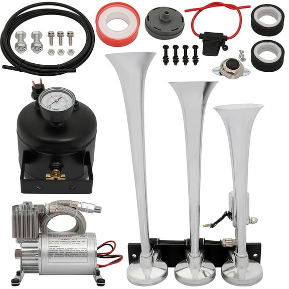 3 Trumpet Electric Train Car Air Horn Kit with 150 PSI Air Compressor 0.5 Gal Air Tank for Any 12V Vehicles